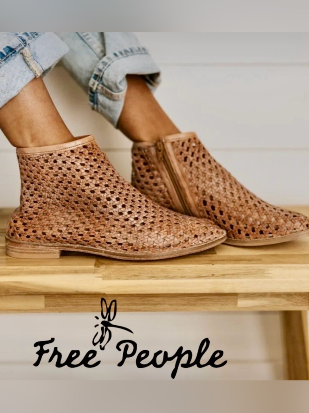Free People Cayne Woven Leather Bootie in Rust Brown